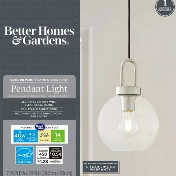 Better Homes & Gardens 59” Nickel Pendant Ceiling Light, Metal Base Glass Shade - Picture 1 of 7